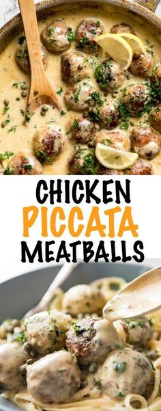 chicken piccata meatballs in a skillet with a wooden spoon