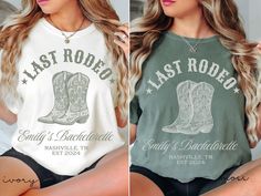 two women wearing shirts with cowboy boots on the front and back, one in green