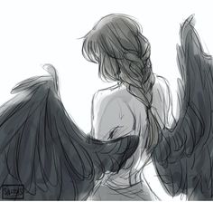 a drawing of an angel with long hair and black wings on the back of her body