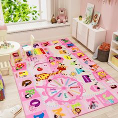 a child's play area with pink rugs and toy animals on the floor