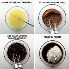 four pictures showing how to mix ingredients in a blender for making chocolate cake recipe