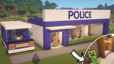 a police station in the middle of a minecraft game with an arrow pointing to it