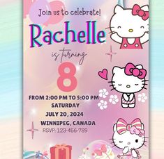 a hello kitty birthday party with pink and blue colors, including an image of the hello kitty