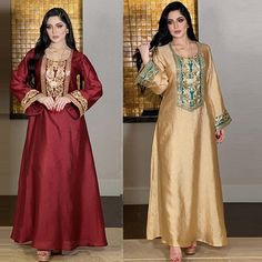 Long Sleeve Embroidered Dabka Dress, Resham Embroidery Tunic Abaya, Arabic Kaftan, Dubai Dress, Muslim Dress Abaya, Gold Thread Embroidery, Dress Muslim, Muslim Outfits, Muslim Dress