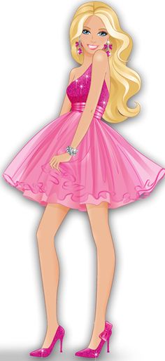 a barbie doll wearing a pink dress and high heeled shoes is standing in front of a white background