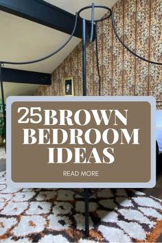 a bed room with a metal frame and brown wallpaper