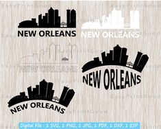 the new orleans, new orleans and new orleans city skyline silhouettes on wood background