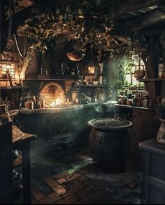 an old fashioned kitchen is lit up with candles and potted plants on the counter