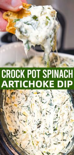 the crock pot spinach artichoke dip is being scooped from a slow cooker