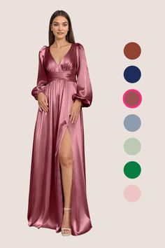 Have your bridesmaids look their best while wearing our A-line metallic satin dress, Norah. Her V-neckline has delicate gathering with a pleated empire waistband. Long blouson sleeves compliment the bodice. The gathered A-line skirt flows with every step thanks to the leg slit. Mauve Bridesmaid, Mauve Bridesmaid Dress, Rose Bridesmaid Dresses, Sage Dress, Lace Bride, Vest And Tie, Satin Bridesmaid Dresses, Rhinestone Dress, Ivory Dresses