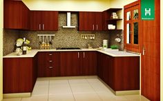 a kitchen with wooden cabinets and tile flooring