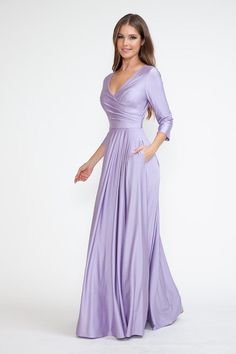 Fitted V-neck Maxi Dress For Formal Occasions, Purple Fitted V-neck Dress, Fitted Purple V-neck Dress, Elegant Purple V-neck Maxi Dress, Silk V-neck Evening Dress, Elegant Fitted Purple V-neck Dress, Elegant Purple V-neck Dress For Spring, Elegant Purple Dress With Surplice Neckline, Long Dinner Dresses