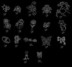 a black and white drawing of different types of flowers, butterflies, and other things