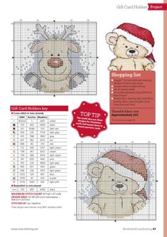 the cross stitch pattern for christmas teddy bear with santa's hat is shown in three different sizes