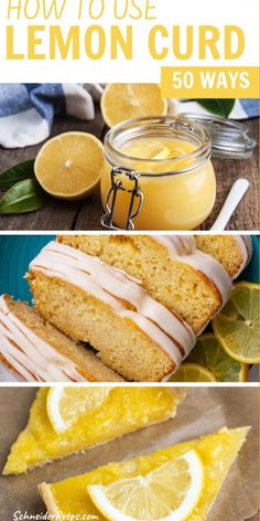 lemon cake with white icing and sliced lemons on the side, next to a jar of lemon curd