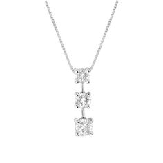 Bold and brilliant, this diamond drop pendant is a sparkling any time look. Crafted in cool 14K white gold, this pendant features three shimmering prong-set diamonds bridged together by polished bars to create this glittering linear look. Radiant with 1/2 ct. t.w. of diamonds and polished to a brilliant shine, this pendant suspends along an 18.0-inch box chain that secures with a spring-ring clasp. Formal White Gold Three Stone Diamond Necklace, White Gold Three Stone Diamond Necklace, Formal Three Stone White Gold Diamond Necklace, Formal White Gold Three-stone Diamond Necklace, White Gold Cubic Zirconia Three Stone Diamond Necklace, Fine Jewelry White Gold Three Stone Diamond Necklace, Three-stone Cubic Zirconia Diamond Necklace In White Gold, Classic Three Stone Diamond Necklace, Diamond White Cubic Zirconia Three Stone Necklace