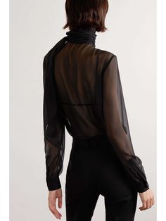 SAINT LAURENT Tie-detailed silk-chiffon blouse | NET-A-PORTER Black Chiffon Blouse, Silk Chiffon Blouse, Laced Up Shirt, Exclusive Dress, Chic Blouses, Black Bra, Chiffon Blouse, Dress Trousers, Polo Dress