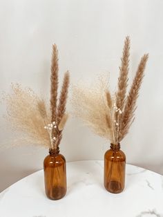 two brown glass vases with dried plants in them