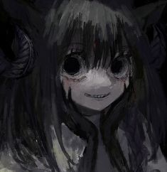 an anime character with big eyes and horns on her head is staring at the camera