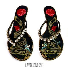 New With Tags Beverly Feldman “Too Much Is Not Enough” Kitten Heel Sandals Size 10 Footbed Is Black With Embroidered Red Roses And Gold Scroll That Reads “Too Much Is Not Enough” Thong Sandals Rhinestone Embellished Black Straps Gold Kitten Heels (2” Heel) Leopard Print Side Trim Sole Reads “Look Good Feel Great” And “Too Much Is Not Enough” Part Of The “Too Much Is Not Enough” Couture Shoe Collection No Box The Gold Part And Soles Have Some Scuffs From Storage, See Photos. All Photos Are Mine P Party Sandals With Floral Embroidery And Open Toe, Formal Embroidered Sandals For Summer, Formal Embroidered Summer Sandals, Gold Kitten Heels, Embroidered Roses, Couture Shoes, Kitten Heel Sandals, Kitten Heel, Thong Sandals