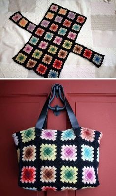 crocheted purses are hanging on the wall next to a red door and one has a black bag with multicolored squares