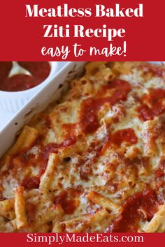 Baked ziti with marinara sauce and cheese in casserole dish.