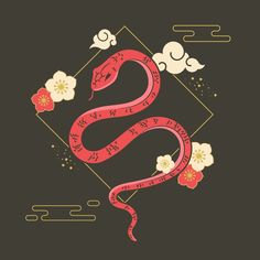 a snake with flowers and clouds in the background