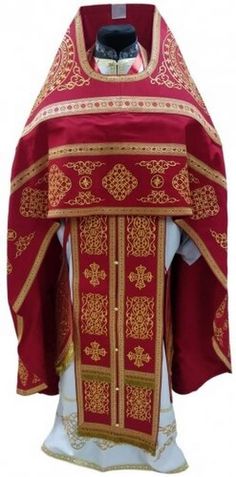 Priest red vestment embroidered on gabardine, Circle embroidery with sewn on galloon | Orthodox red with gold vestments for a priest | The priest's red with gold vestment is made from high-quality domestically produced brocade fabric with double metallization, decorated with crosses, braid and fringe. The set includes: phelon, epitrachelion, armbands, legguard, mace (palitsa), belt. The gift includes pokrovtsy with air. Attention: the casing is not included in the set, it can be ordered separately in our store. ATTENTION: Your order begin to be made after purchase. Since there are a lot of orders now production time is from 1 to 2 months. It is possible that your order will be sewn faster, but due to the heavy load, it is likely that the time will take about three weeks. Available sizes: 4 Circle Embroidery, Brocade Fabric, Arm Band, Ukraine, Bathing Beauties, Display Homes, Embroidery, Purses And Bags, Music Clothes