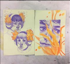 two drawings of people with flowers on their heads and leaves in their hair are shown