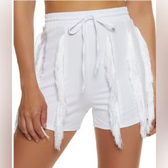 New With Tags! Fringe Trim Shorts With High Waist And Drawstring Waistband. Very Comfy! Length = 14” 95% Polyester & 5% Spandex Trendy White Bottoms For Party, White Shorts For Summer Parties, White Summer Bottoms For Party, White Summer Party Shorts, White Party Shorts, Party Shorts For Beach Season, Party Wear Shorts For Beach Season, Rainbow Shorts, Fringe Shorts