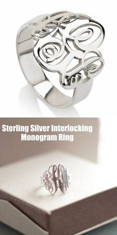 an open box with a ring on it and the words sterling silver interlocking monogramm ring