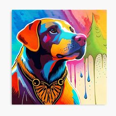 a painting of a dog wearing a bandana and standing in front of a colorful background