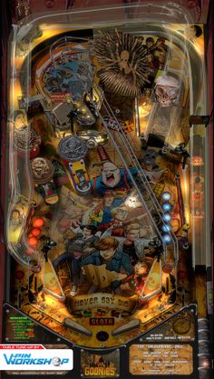 the back side of a pinball machine with many different items on it's display