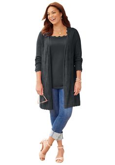 Our Pointelle Cardigan is not only comfy and cozy but is hands down chic. It brings a nonchalant fashionable ease to your look. Whether layered over a flattering tunic or paired with your favorite jeans, it dresses up or dresses down your outfit beautifully. FABRIC: A delicately textured pattern that's super soft, lightweight, and airy. FIT: The easy-wearing silhouette drapes the body beautifully. Designed with long sleeves with a scallop edge finish at the sleeves and hem, plus side slits.  55% Cardigans Plus Size, 3xl Plus Size Style, Pointelle Cardigan, Chic Sweater, Scallop Edge, Over 50 Womens Fashion, Fashion Plus Size, Plus Size Fashion For Women, Swimsuits For All