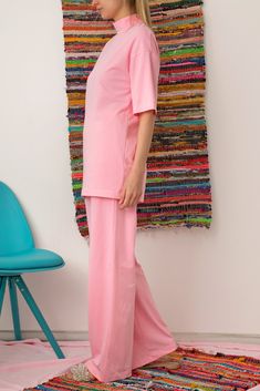 "Pink Suit, Comfy Set, Women Loungewear Set, Pink Loungewear Set, Cotton Lounge Set, Comfortable Everyday Set of Tunic and Wide Leg Pants. The super comfy set of maxi pants and maxi tunic top is the latest design for the Loungewear Collection! Super chic, super comfy this loungewear set will be your new Love for lounging at home. Made from an elastic cotton, this fabric gives you the so called \" Second Skin \" feeling ! Easy to wear , easy to care , this set is one of the \" Must have \" this s Casual Pink Wide Leg Sleepwear, Playful Pink Loungewear Sets, Pink Wide-leg Loungewear Bottoms, Pink 4-way Stretch Bottoms For Loungewear, Pink Loungewear, Playful Pink Cotton Sleepwear, Women Loungewear, Maxi Pants, Comfy Sets