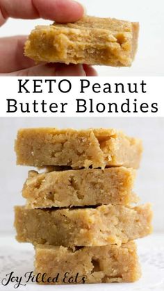 keto peanut butter blondies stacked on top of each other with text overlay