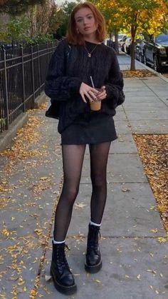 Black Tights Autumn Outfit, Cool Mini Skirt Outfits, Docs And Tights Outfit, Short Skirts And Boots, Sheer Black Tights Outfit Fall, Black Denim Skirt Fall Outfit, Black Skirt Outfits Fall, Black Skirt Date Outfit, Mini Skirts In Winter