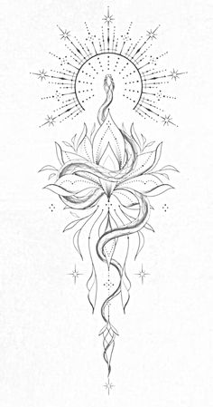 a line drawing of a flower with a sun in the middle and stars above it