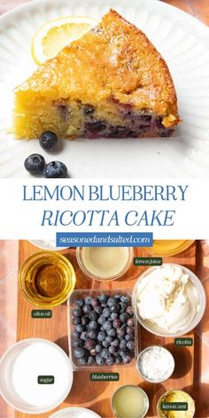 a lemon blueberry ricotta cake on a white plate