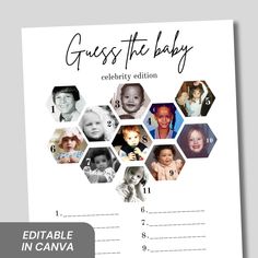 a baby announcement card with photos and the words guess the baby