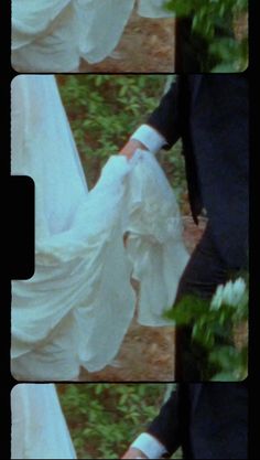 the bride and groom are holding hands with each other