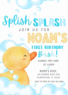 a baby ducky birthday party with bubbles on it's face and the words splash splash