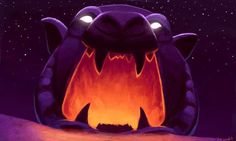 a cartoon monster with glowing eyes sitting in front of a lit fire pit at night