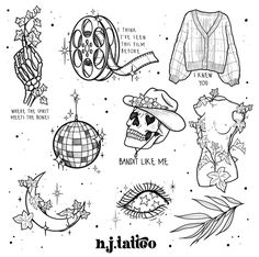 an ink drawing of various items from the band's album, which includes tattoos and other