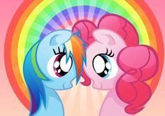 two pinkie ponies standing next to each other in front of a rainbow colored background