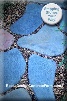 a blue stone walkway with the words stepping stones on it and an image of grass