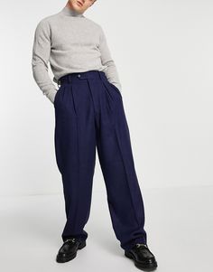 Suit trousers by ASOS DESIGN Do the smart thing High rise Belt loops Zip fly with hook-and-bar fastening Four pockets Relaxed fit Navy Blue Trousers Outfit, Wide Trousers Outfit, Blue Trousers Outfit, Navy Pants Men, Blue Pants Men, Blue High Waisted Jeans, Navy Trousers, Mens Slacks