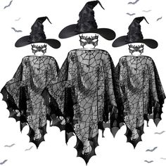 three black bats with hats on their heads are in front of a white background that has bats flying around them