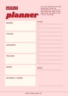 a pink planner with red writing on the top and bottom, in front of a white background