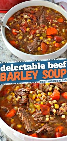 two bowls of beef barley soup with carrots and corn